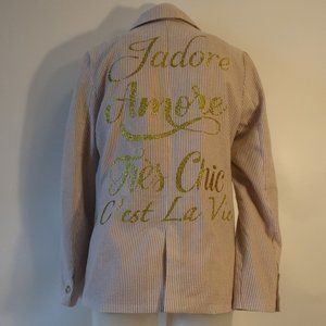 Womens Moving Forward Designs Tan White Jadore Amore Seersucker Jacket Blazer S*